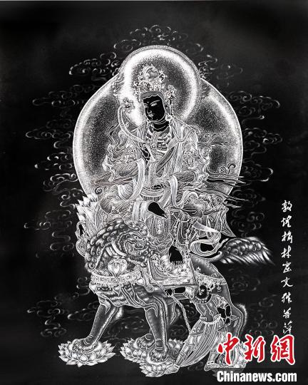 圖為朱增平創(chuàng)作的鍥金畫《敦煌榆林窟文殊菩薩》。(資料圖) 受訪者供圖