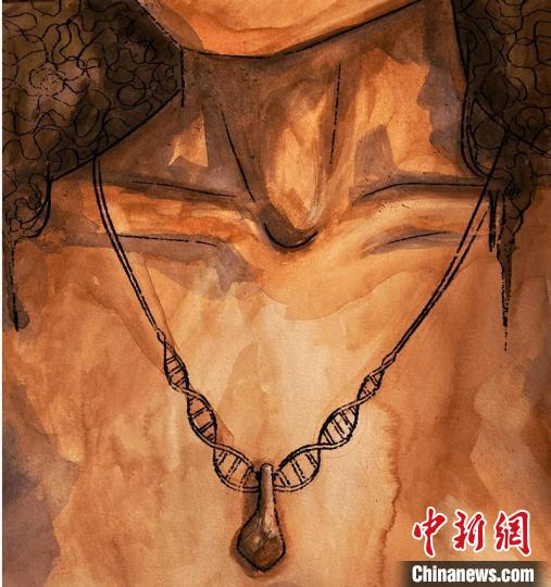 墜飾藝術(shù)再現(xiàn)圖，圖中吊墜繩為DNA螺旋樣式(圖片作者Myrthe Lucas)?！∈┢樟指瘛ぷ匀?供圖