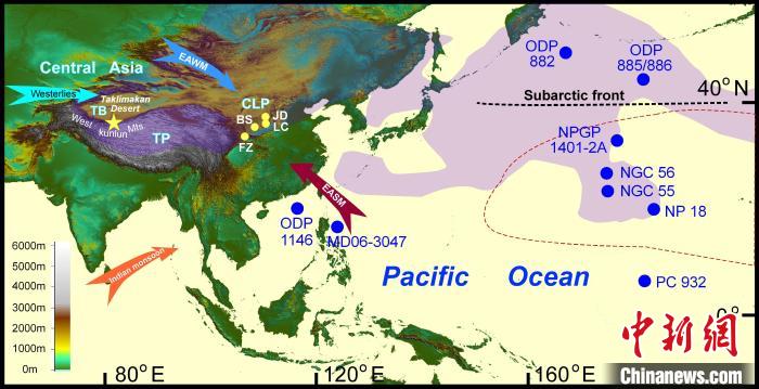 塔里木沙塵傳輸至北太平洋的路徑(陰影區(qū))及西昆侖山黃土巖芯位置(五角星)?！≈锌圃呵嗖馗咴?供圖