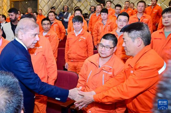 4月1日，在巴基斯坦西北部開伯爾-普什圖省達(dá)蘇，巴基斯坦總理夏巴茲（左）同達(dá)蘇水電站項目中方員工握手。新華社發(fā)（巴基斯坦新聞與廣播部下轄媒體信息部門供圖）