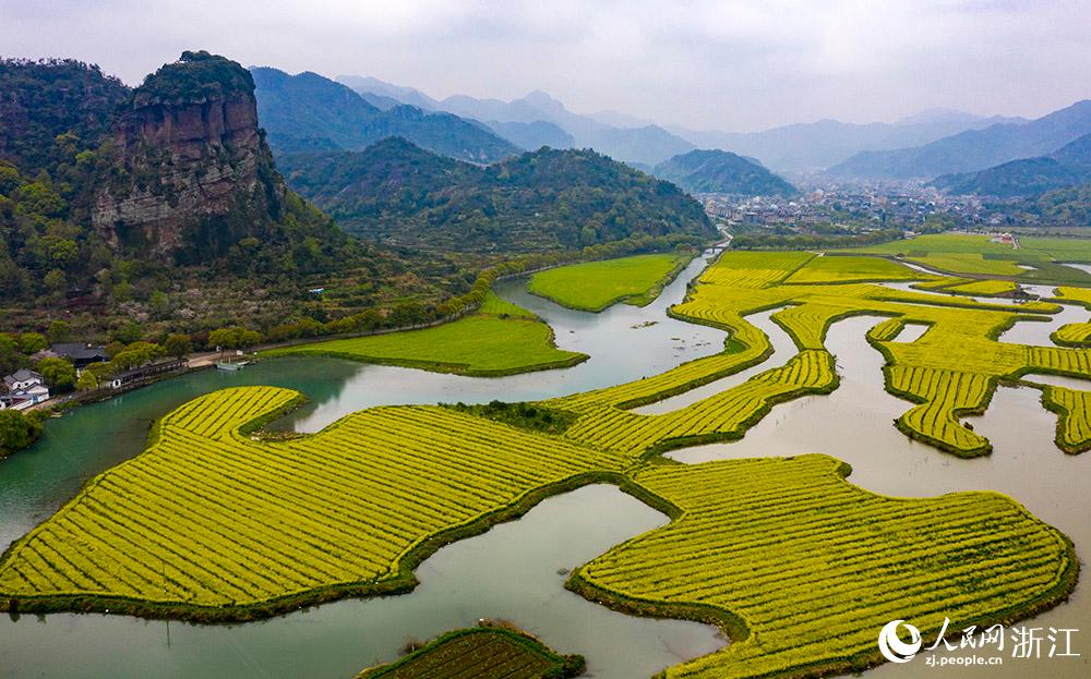 3月28日，航拍浙江省臨海市桃渚鎮(zhèn)桃江十三渚盛開(kāi)的油菜花景色。人民網(wǎng) 章勇濤攝
