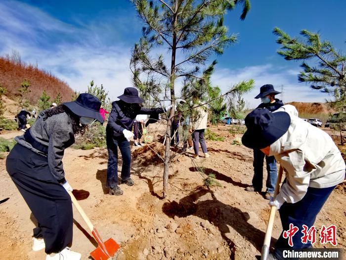 圖為西寧市城東區(qū)干部職工參加義務(wù)植樹?！?zhí)砀?攝