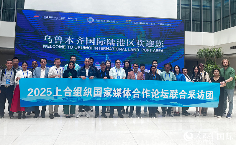 5月26日，外國媒體人在烏魯木齊國際陸港區(qū)合影留念。 人民網(wǎng)記者 翟轉(zhuǎn)麗攝