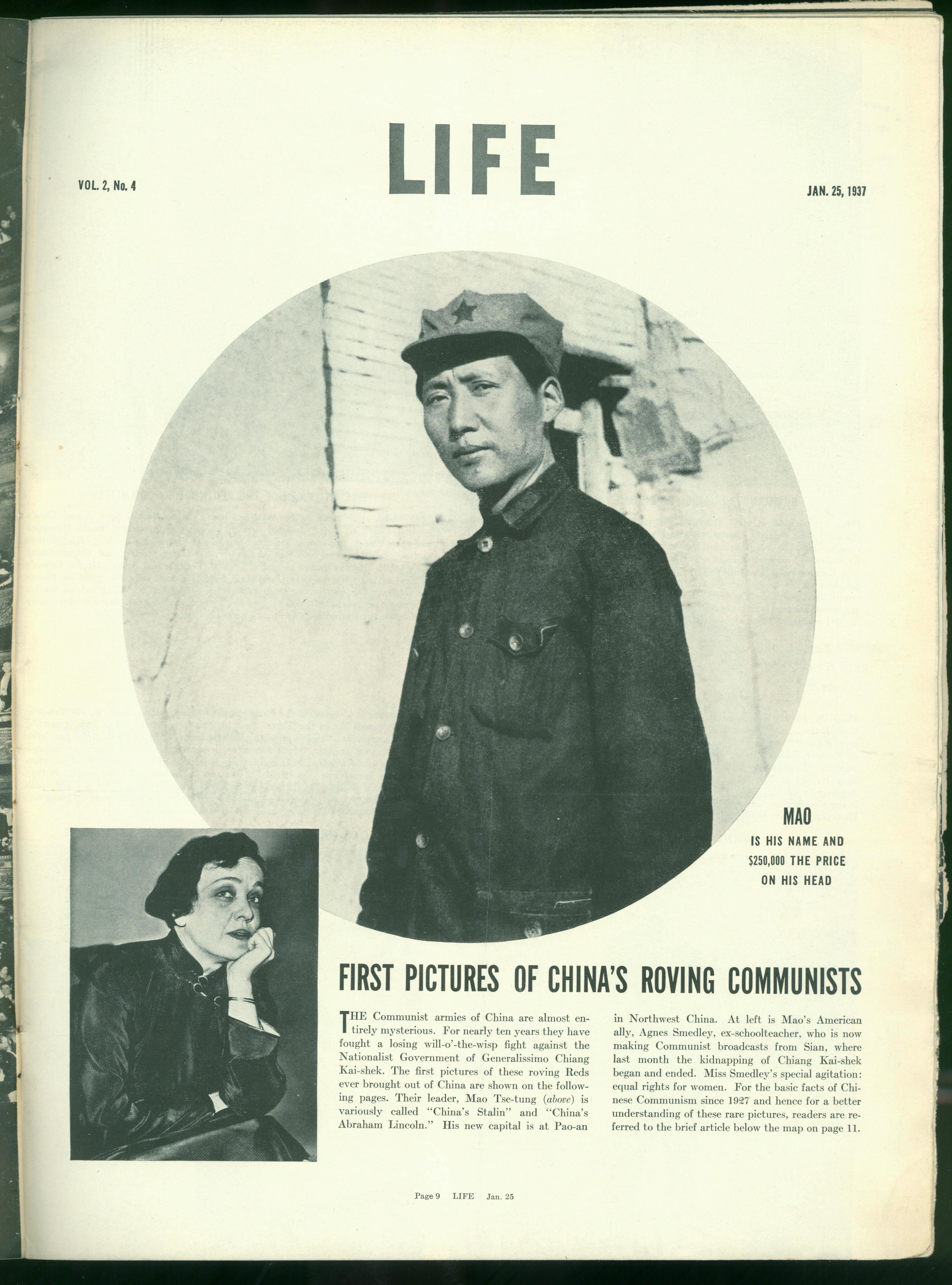 1937年1月25日，美國(guó)《生活》周刊刊登毛澤東照片，照片右下方寫著一行字：“毛，這是他的名字，他的人頭價(jià)值25萬元。”