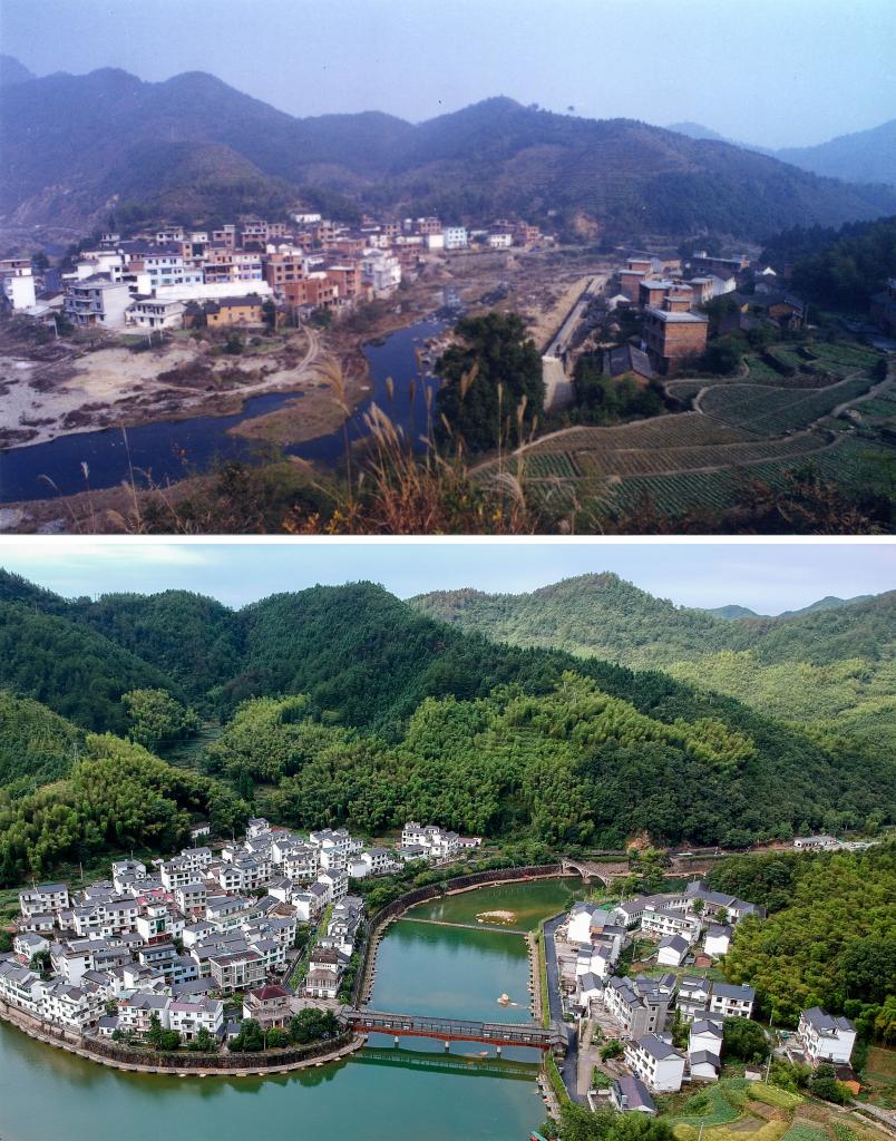 圖為浙江省杭州市淳安縣楓樹嶺鎮(zhèn)下姜村拼版圖，其中上圖為資料照片、下圖由新華社記者張鋮攝。