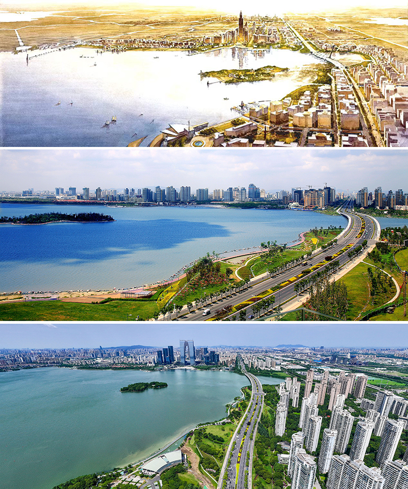 拼版照片：上圖為1994年繪制的蘇州工業(yè)園區(qū)手繪規(guī)劃圖；中圖為2007年拍攝的蘇州工業(yè)園區(qū)；下圖為2023年7月4日用無人機拍攝的蘇州工業(yè)園區(qū)。