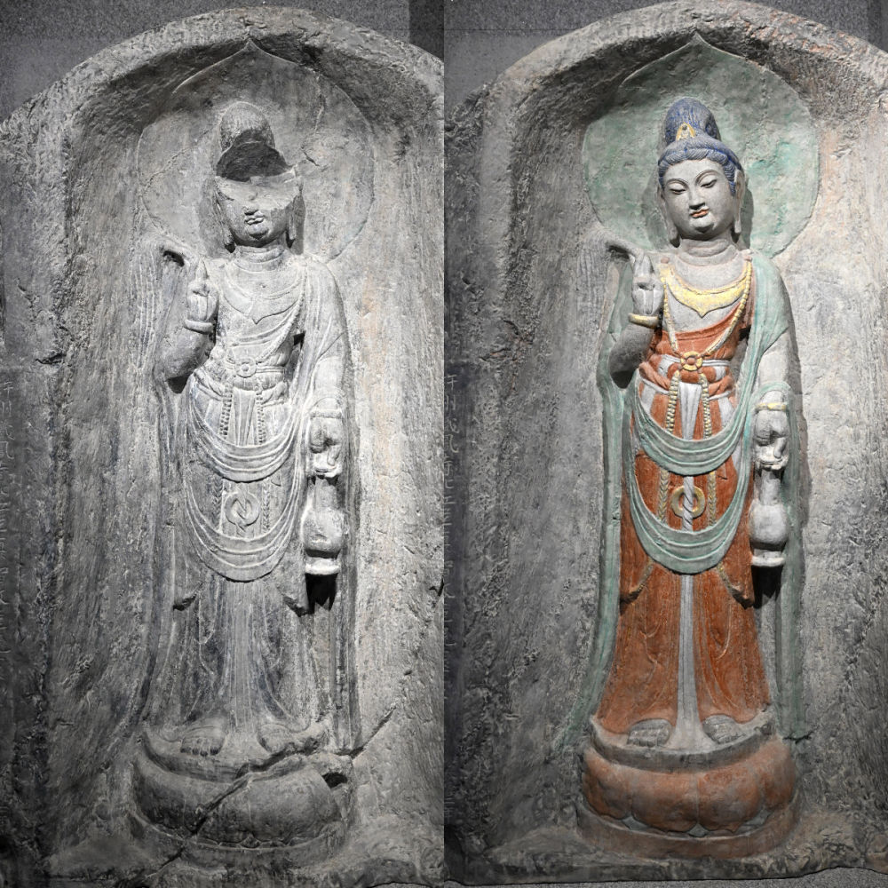 左圖為龍門石窟萬佛洞窟前南壁菩薩造像的3D打印模型；右圖為利用數(shù)字化技術(shù)復(fù)原后的3D打印模型（2025年4月10日攝，拼版照片）。復(fù)原后的像龕精妙絕倫，栩栩如生，被游客譽為“龍門最美菩薩”。圖片來源新華社
