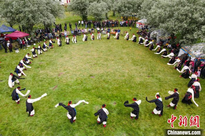 資料圖為西藏昌都丁青縣民眾跳歡快的鍋莊舞?！〗w波 攝