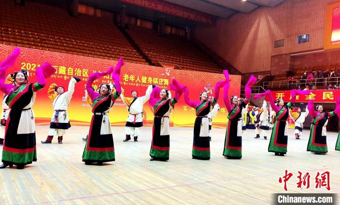 圖為西藏老年舞蹈隊(duì)齊跳傳統(tǒng)鍋莊舞。　貢桑拉姆 攝