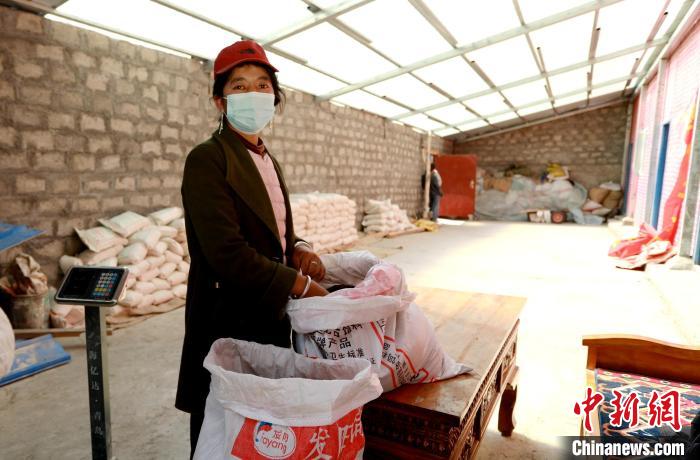 圖為寧重崗村村民扎西才措把自家的油菜籽送到合作社銷售?！〖卫杩h融媒體中心供圖