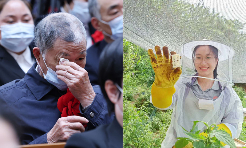 左圖為2021年2月25日，黃文秀的父親黃忠杰在全國脫貧攻堅(jiān)表彰大會上；右圖為黃文秀生前工作照。