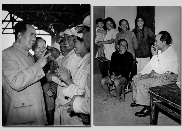 左圖：1959年，毛主席在安徽視察工廠時(shí)，同煉鋼工人親切談話。右圖：1959年，毛主席在湖南視察韶山，同貧農(nóng)社員親切談話。